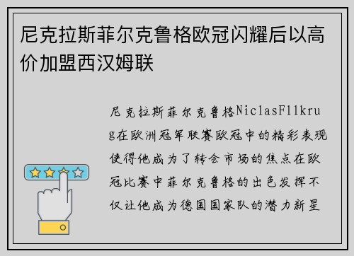 尼克拉斯菲尔克鲁格欧冠闪耀后以高价加盟西汉姆联