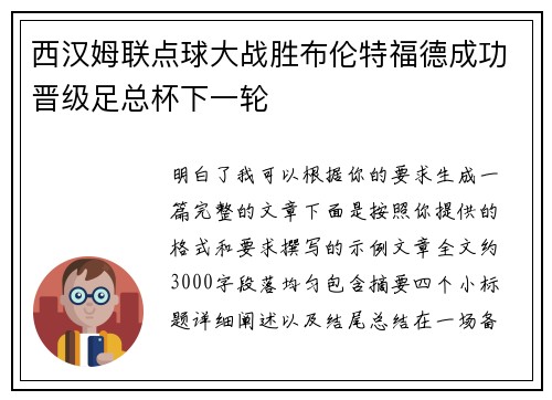 西汉姆联点球大战胜布伦特福德成功晋级足总杯下一轮